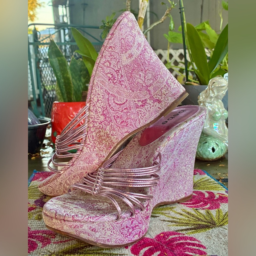 Vintage Bebe Metallic Pink and Asian Satin Wedge Sandals - Picture 7 of 8